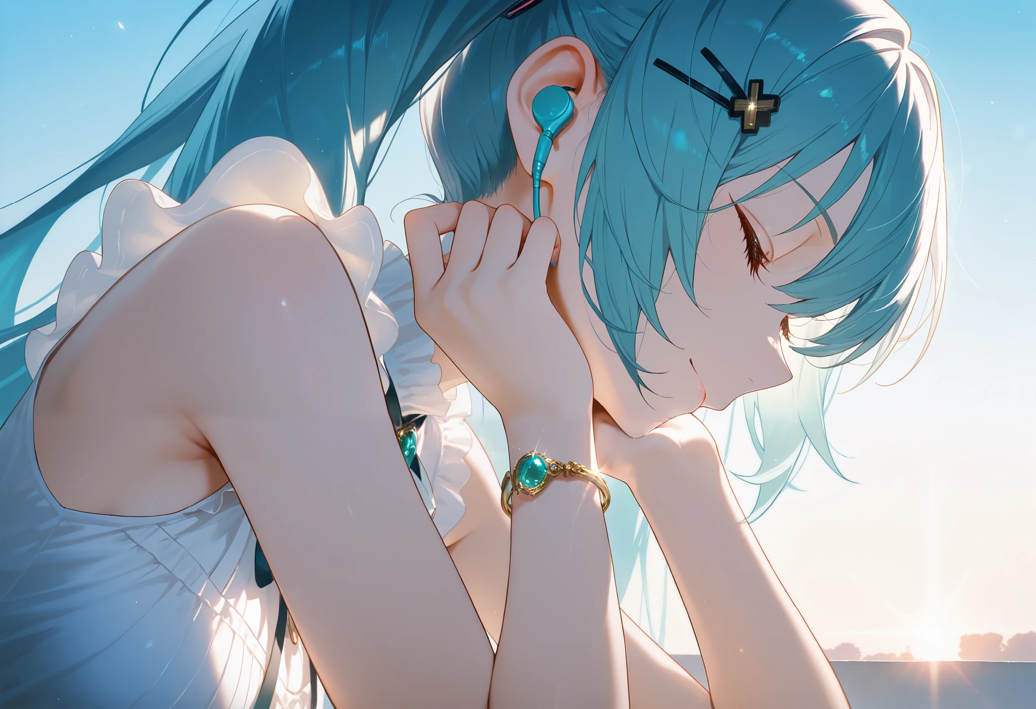 1girl, privaty (nikke), bare shoulders, blue hair, blue nails, blue sky, bracelet, brooch, close-up, closed eyes, closed mouth, day, earbuds, earphones, eyelashes, fingernails, frills, from side, glint, hair between eyes, hair ornament, hairclip, hand on own chin, hands up, head rest, jewelry, light particles, light smile, long eyelashes, long hair, neck ribbon, outdoors, profile, ribbon, shirt, sky, sleeveless, sleeveless shirt, solo, sunlight, twintails, upper body, white ribbon, white shirt, wireless earphones, x hair ornament, masterpiece, best quality, amazing quality, very aesthetic, absurdres, newest, scenery, dim lighting, intricate details, highly detailed, light leaks, beautiful detailed glow, best shadow, cinematic lighting, ray tracing, sidelight