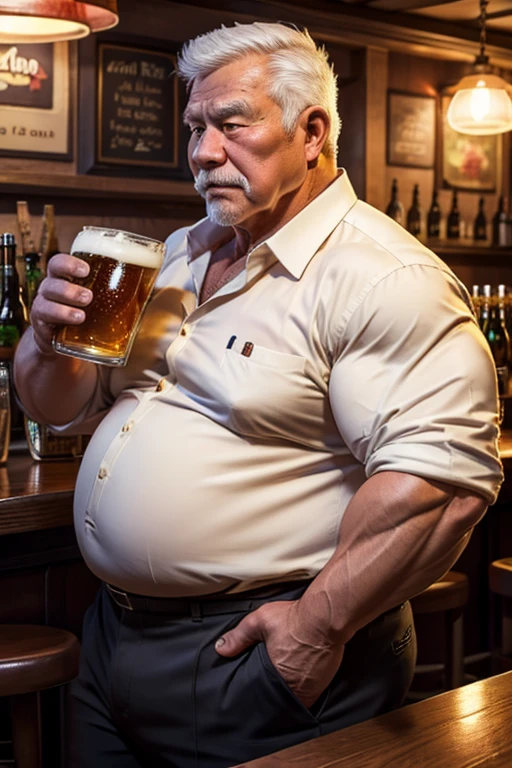 a handsome muscular blonde man in a restaurant,1man,detailed facial features,detailed eyes,detailed lips,detailed nose,detailed face,extremely detailed facial features,beer belly,sitting at table,photorealistic,realistic,8k,detailed lighting,cinematic lighting,dramatic lighting,dramatic shadows,warm colors,golden hour lighting,elegant restaurant interior,high quality,extremely detailed,masterpiece