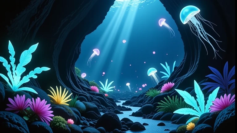 An enchanting deep-sea landscape with glowing bioluminescent plants and creatures scattered across the dark ocean floor. Alien-like coral formations emit soft blue, green, and purple hues, while faint light beams barely penetrate the vast, tranquil waters. Luminous jellyfish drift gracefully, creating a serene and otherworldly atmosphere.