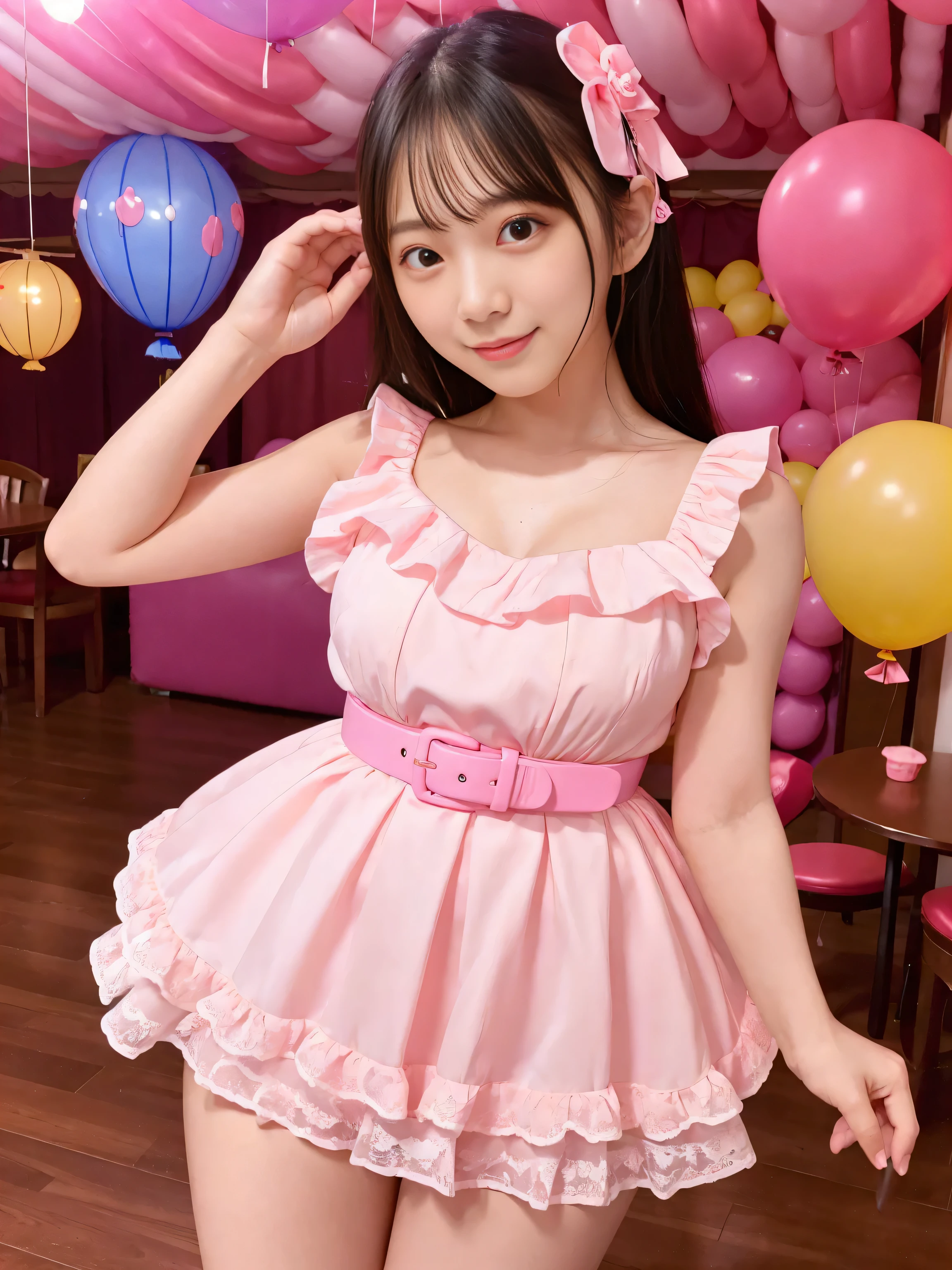romantic idol girl、whole body、Good style、、、、、Glowing fluorescent pink pleated mini dress、cool belt、、、、、Balloon Room、