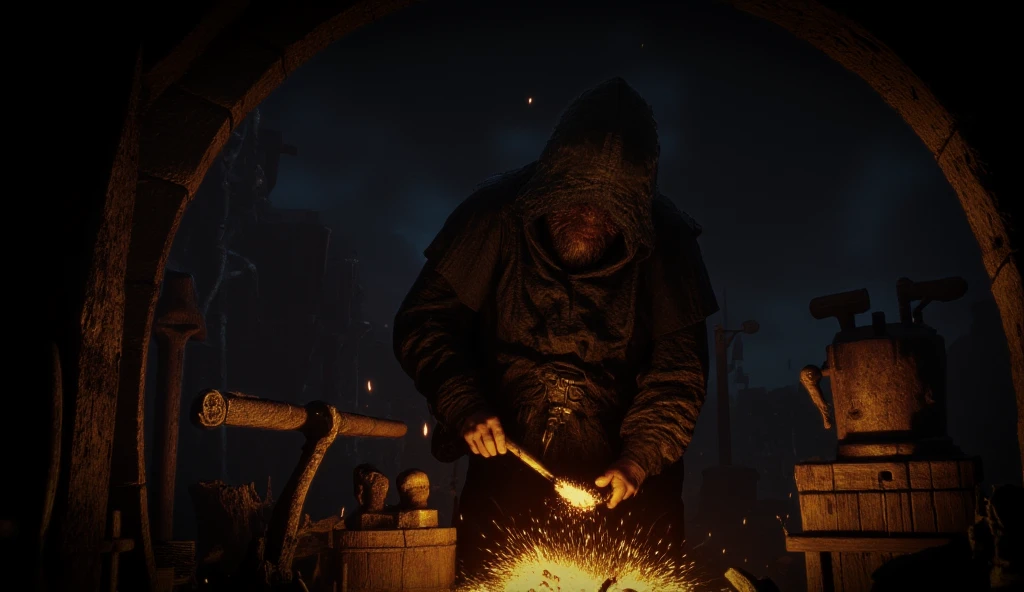 ((masterpiece)) ((photography)) ((Highest quality))  A mysterious blacksmith, cloaked in a dark, tattered hood, is working intently at an ancient forge. Sparks fly around him as he hammers a glowing piece of metal on an anvil, illuminated by the warm light of the forge. The background shows shadowy outlines of tools and equipment, with flickering flames casting an eerie glow. The scene captures a blend of craftsmanship and mystique, embodying an atmosphere of fantasy and medieval craftsmanship.