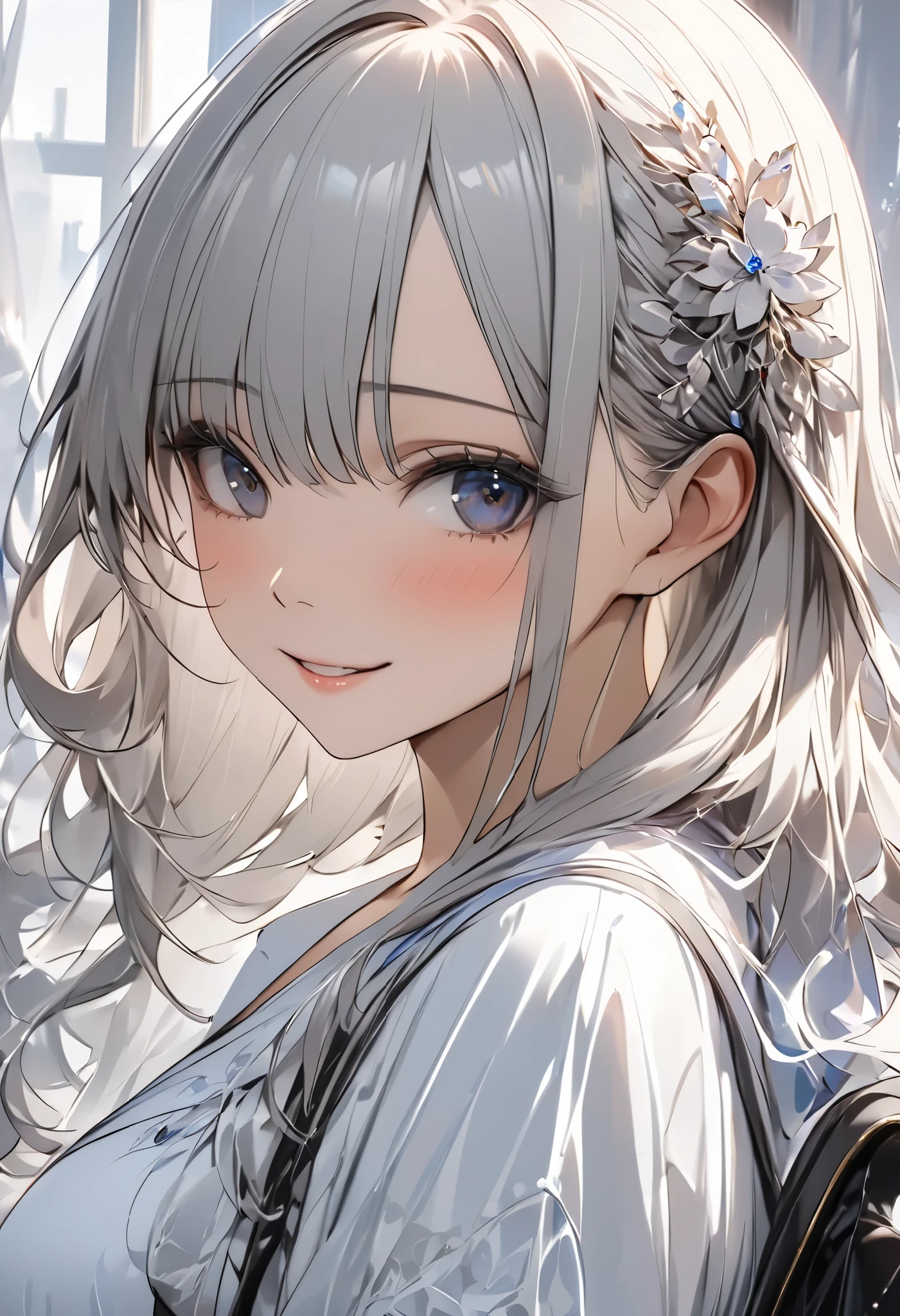 Anime girl with long white hair and blue eyes in a white dress - SeaArt AI