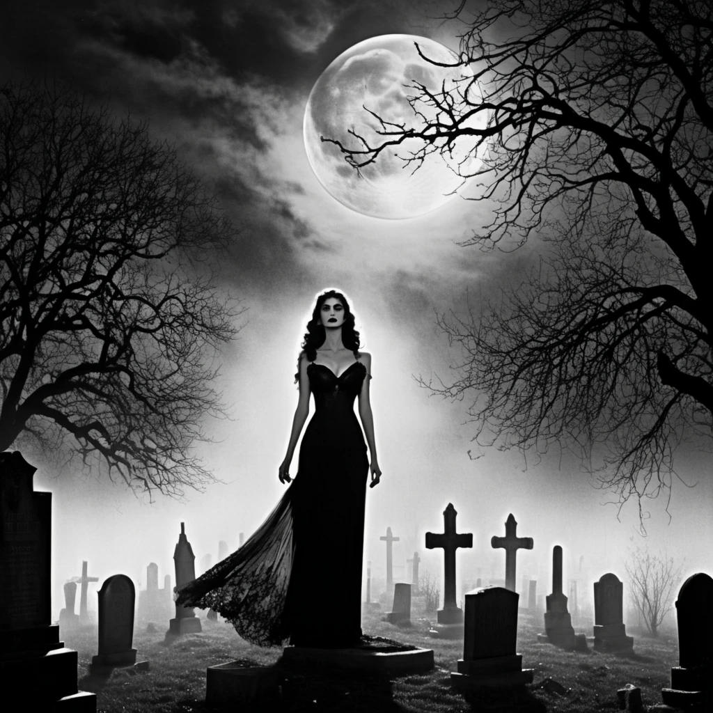 ((A dark, fog-covered cemetery at midnight:1.4)), with ((a massive glowing full moon in the sky:1.3)) casting eerie light over the scene. In the foreground, ((a glamorous undead woman in a torn, flowing dress:1.5)) stands motionless among the tombstones, her pale face illuminated by a glowing beam of light from a hovering flying saucer above. ((A mausoleum in the background emits faint green light from its open doorway:1.3)), while ((skeletal hands reach out from nearby graves:1.4)). ((Twisted, skeletal trees frame the scene:1.3)), their branches casting distorted shadows onto the foggy ground. The entire image is styled with ((high-contrast black-and-white film effects:1.4)), featuring ((grainy textures:1.3)) and ((vintage sci-fi horror vibes:1.5)), inspired by Ed Wood’s "Plan 9 from Outer Space."