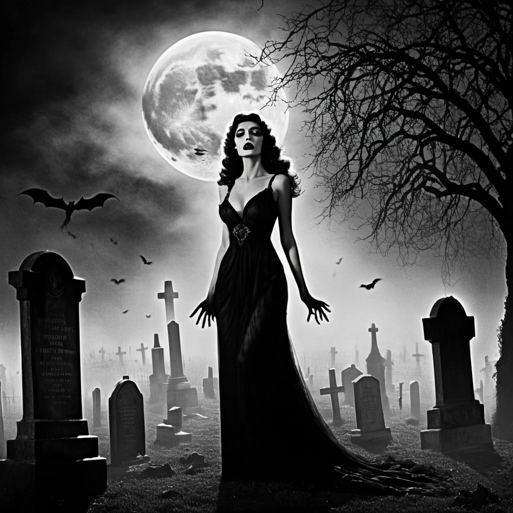 ((A dark, fog-covered cemetery at midnight:1.4)), with ((a massive glowing full moon in the sky:1.3)) casting eerie light over the scene. In the foreground, ((a glamorous undead woman in a torn, flowing dress:1.5)) stands motionless among the tombstones, her pale face illuminated by a glowing beam of light from a hovering flying saucer above. ((A mausoleum in the background emits faint green light from its open doorway:1.3)), while ((skeletal hands reach out from nearby graves:1.4)). ((Twisted, skeletal trees frame the scene:1.3)), their branches casting distorted shadows onto the foggy ground. The entire image is styled with ((high-contrast black-and-white film effects:1.4)), featuring ((grainy textures:1.3)) and ((vintage sci-fi horror vibes:1.5)), inspired by Ed Wood’s "Plan 9 from Outer Space."