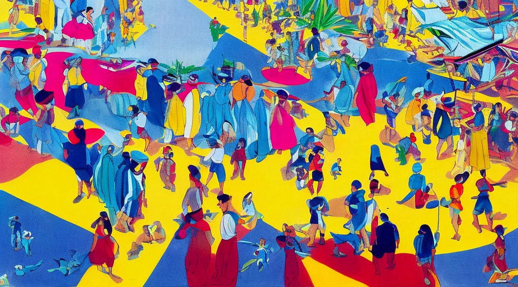 Cartoon of a scene from the Brazilian Übermensch, Amazonia, Copacabana in Brazil, an anime movie, by Peter Smithson, Oscar Niemeyer, renzo piano, Richard Rogers, Max Holleran, Charles-Édouard Jeanneret-Gris,  Le Corbusier , Lina Bo Bardidi