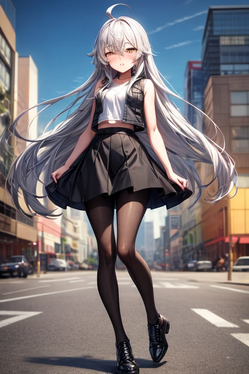 Atlas Fayon woman 40 years, white hair with black stripes ,white tiger ears, closed eyes, mujer ciega con closed eyes, serious expression, blush, pale skin, big breasts, low cut black tops, collar, detailed green miniskirt, sneakers, is walking through the city.