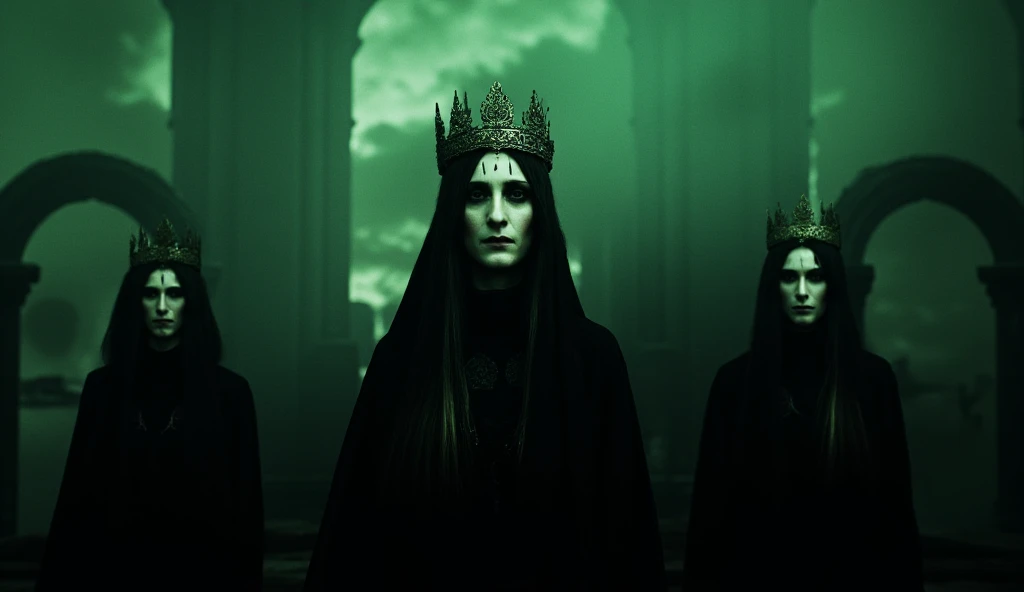 ((masterpiece)) ((photography)) ((Highest quality))  A haunting scene featuring three ethereal figures in dark, flowing robes and intricate crowns. The central figure, with pale skin and long dark hair, possesses strikingly eerie eyes and intricate facial markings resembling tears. The atmosphere is dark and moody, with a greenish tint enveloping the figures, enhancing their ghostly appearance. In the background, ancient stone architecture looms, partially obscured by mist, adding to the otherworldly ambiance. The overall tone is spectral and mysterious, evoking a sense of ancient royalty with a supernatural twist.