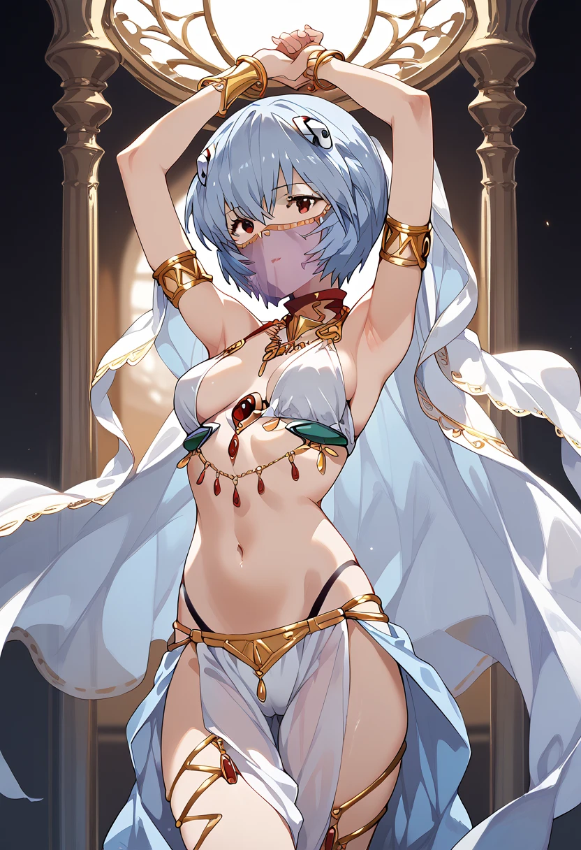 masterpiece, high definition , top quality,8k
(Rei Ayanami,young) standing,Hands above head
(( White Harem costume,mouth veil))