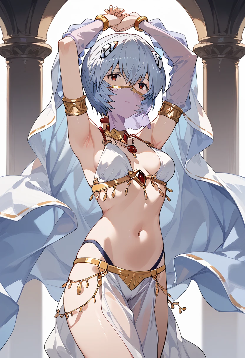 masterpiece, high definition , top quality,8k
(Rei Ayanami,young) standing,Hands above head
(( White Harem costume,mouth veil))