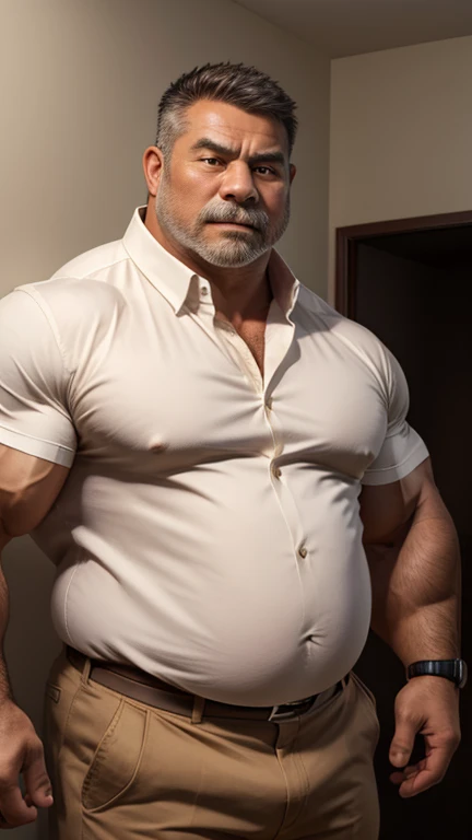 (best qualityer,4K,8K,high resolution,work of art:1.2), looking 60 years old, white man sheriff , disgusting boner, muscular chubby, chap, open shirt, mature daddy, Tight jeans with big cups, hairy chest, hard nipple, waist belt, moccasin,