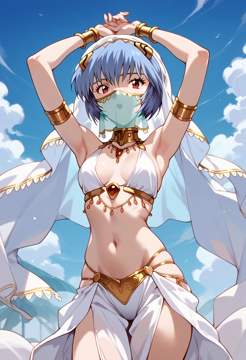 masterpiece, high definition , top quality,8k
(Rei Ayanami,young) standing,Hands above head
(( White Harem costume,mouth veil))