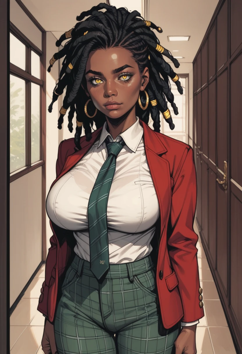 score_9, score_8_up, score_7_up, source_anime, 1woman, mature, human female, human, detailed face, jawline, collar, lustful eyes, smooth skin, dark skin, black skin, beautiful eyes, yellow eyes, black hair, huge breasts, dreads, dreadlocks hair, red blazer, green necktie, green pants, plaid pants, hallway