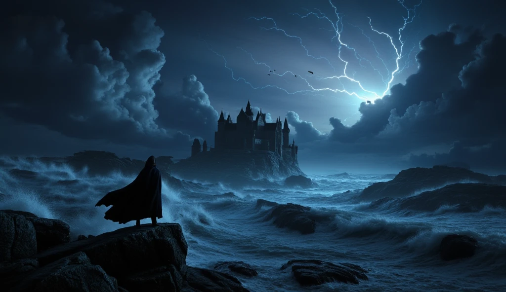 ((masterpiece)) ((photography)) ((Highest quality))  A dark, atmospheric scene featuring a lone figure in a flowing cloak standing on a rocky outcrop overlooking a stormy sea. In the background, an imposing medieval castle towers over the cliffs, surrounded by turbulent waters and shrouded in mist. The sky is ominously lit by flashes of lightning and filled with swirling clouds, while crows or dark birds can be seen flying above the castle. The overall mood is eerie and foreboding, evoking a sense of mystery and adventure.