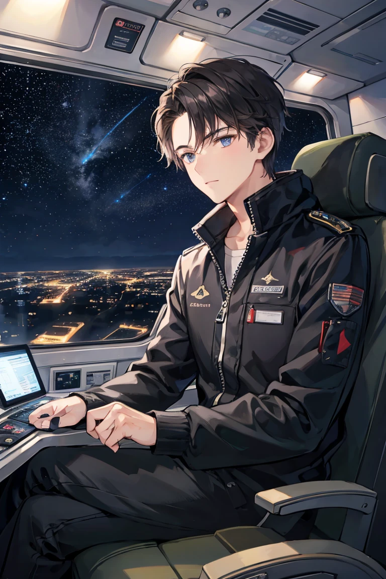 A dark-haired aviator man is looking at the starry sky from the cockpit window of an airplane