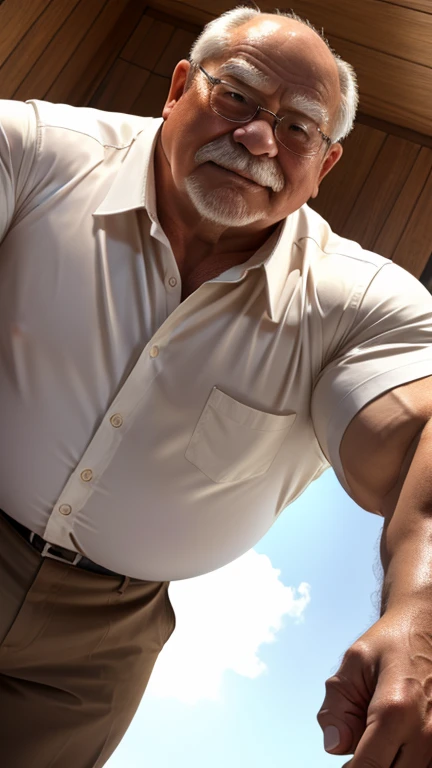 hot silver fox hunk in wresting singlet with massive pecs covered in gray hair and huge biceps