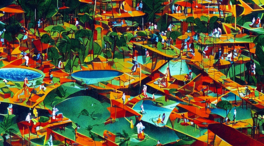 Cartoon of a scene from the Brazilian Amazon, an anime movie, by Peter Smithson, Oscar Niemeyer, Renzo Piano, Richard Rogers, Max Holleran, Charles-Édouard Jeanneret-Gris, Le Corbusier, Lina Bo Bardidi