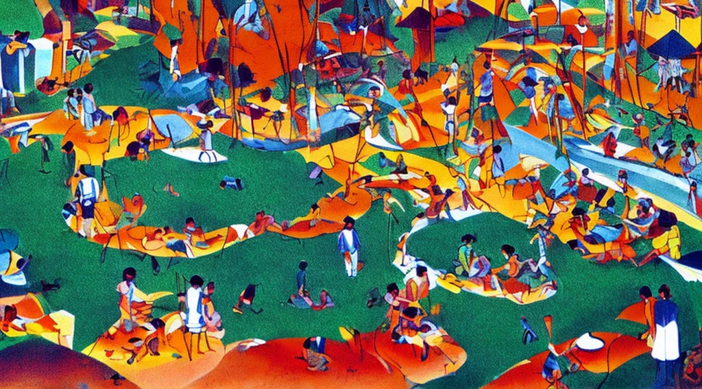 Cartoon of a scene from the Brazilian Amazon, an anime movie, by Peter Smithson, Oscar Niemeyer, Renzo Piano, Richard Rogers, Max Holleran, Charles-Édouard Jeanneret-Gris, Le Corbusier, Lina Bo Bardidi