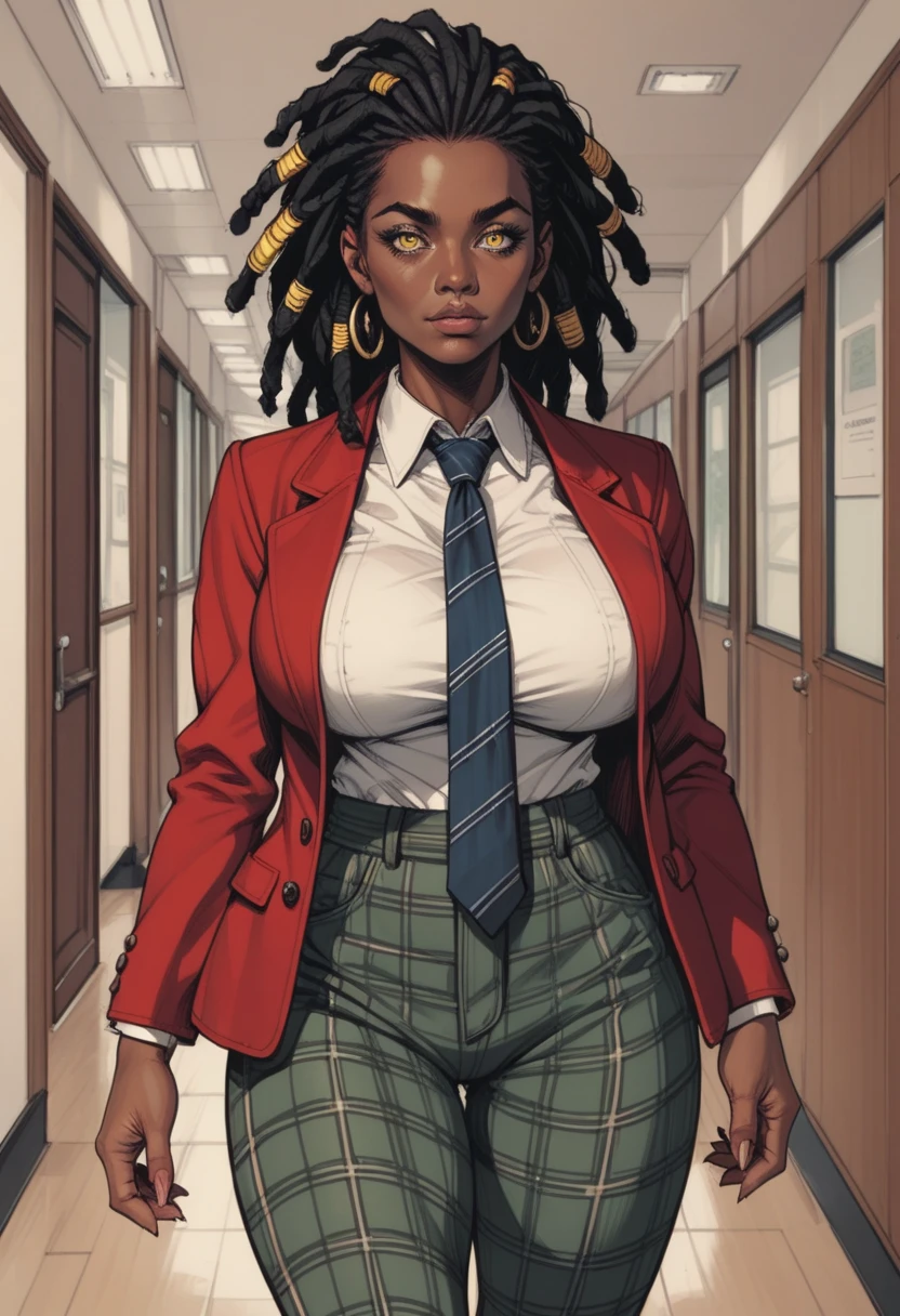 score_9, score_8_up, score_7_up, source_anime, 1woman, mature, human female, human, detailed face, jawline, collar, lustful eyes, smooth skin, dark skin, black skin, beautiful eyes, yellow eyes, black hair, huge breasts, dreads, dreadlocks hair, red blazer, green necktie, green pants, plaid pants, hallway