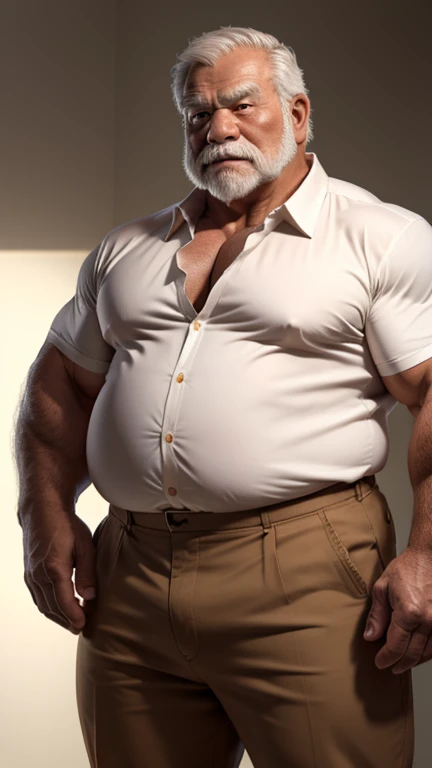 Fat strong elderly man 。 huge muscles。White open-collar shirt。brown chinos 。 has no background。 looking at camera。