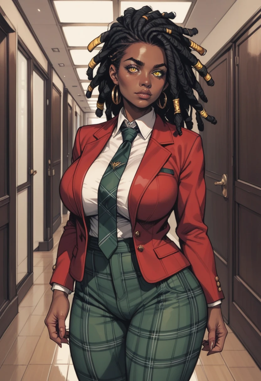 score_9, score_8_up, score_7_up, source_anime, 1woman, mature, human female, human, detailed face, jawline, collar, lustful eyes, smooth skin, dark skin, black skin, beautiful eyes, yellow eyes, black hair, huge breasts, dreads, dreadlocks hair, red blazer, green necktie, green pants, plaid pants, hallway