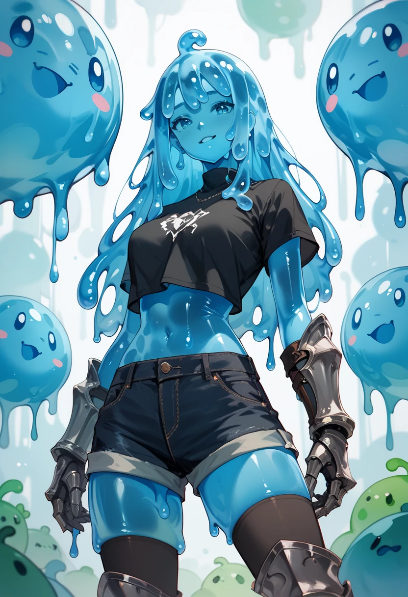 blue slime girl wearing a black shirt and blask shorts, wearing metal gauntlets and metal greaves, slime body.