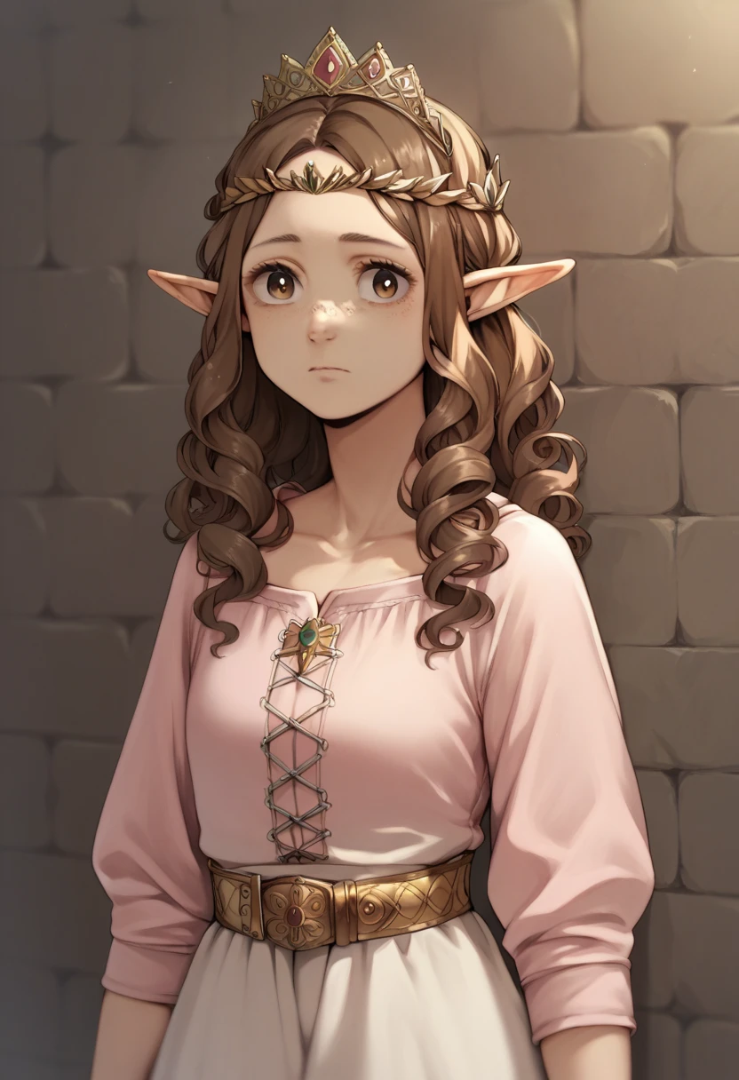 Nakamura rules style, Young face, elf ears, Brown  eyes, curly Brown hair, tiara, gold belt ,Pink shirt, white dress, medieval clothing ,Shorty,  Brown hair ,Girl alone ,Small face, 