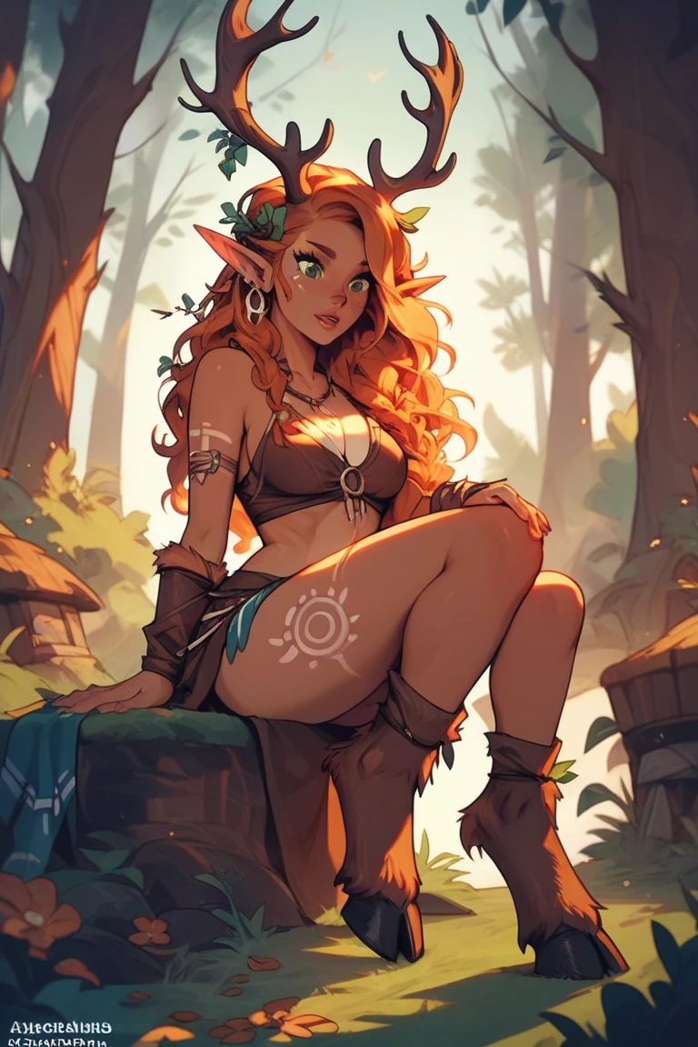 red hair,A faun female in the forest, satyr, woman, fantasy(masterpiece, best quality, photorealistic, detailed shiny skin:1.2), flawless, 8k, RAW, highres, (dark night:1.1), goat legs, furr legs, hooved, goat horns, beard, long black hair, looking at viewer, cinematic, dark background, medieval, muscles, open ches5, fantasy, (absurdes), attractive, long blonde hair, golden eyes, sexy,big  , cherry blossom,waterfall, forest, sun rays