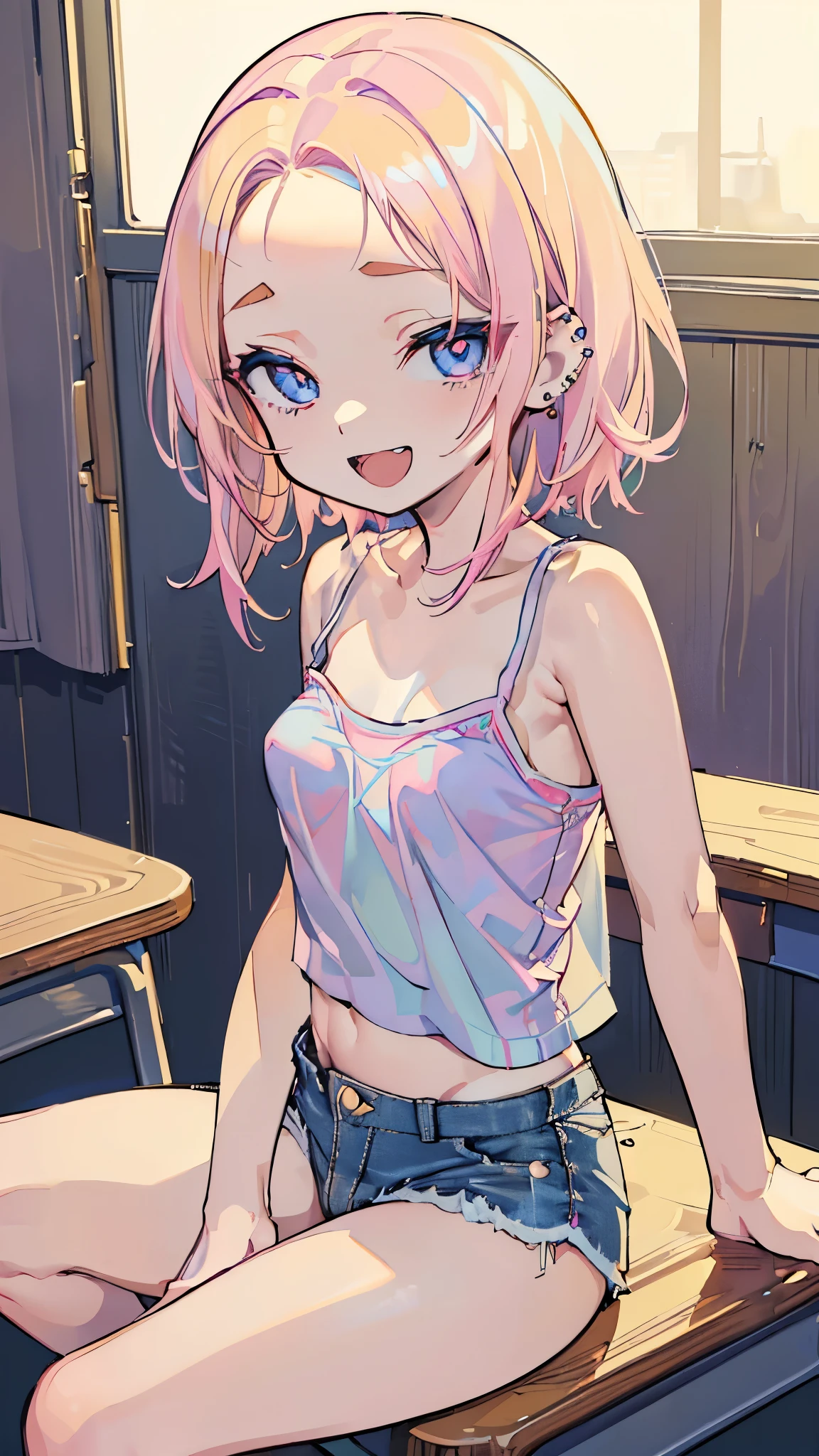 ((masterpiece、 top quality、 very detailed))、 One Girl 、improve、Blonde、 medium hair 、 wavy hair 、((Forehead))、 Light Blue Eyes 、evil smile、((open mouth))、((lots of piercing))、(( small breasts))、((pink camisole))、((denim short shorts))、 cowboy shot 、 sitting at a desk 、 Classroom Background 