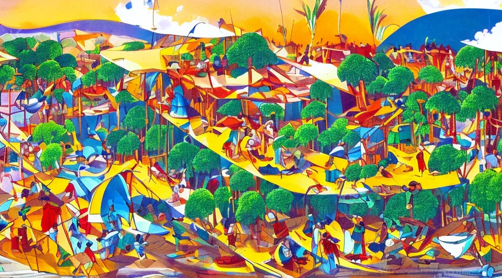 Cartoon of a scene from the Brazilian Amazon, an anime movie, by Peter Smithson, Oscar Niemeyer, Renzo Piano, Richard Rogers, Max Holleran, Charles-Édouard Jeanneret-Gris, Le Corbusier, Lina Bo Bardidi