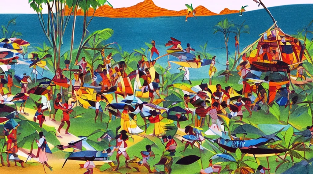 Cartoon of a scene from the Brazilian Amazon, an anime movie, by Peter Smithson, Oscar Niemeyer, Renzo Piano, Richard Rogers, Max Holleran, Charles-Édouard Jeanneret-Gris, Le Corbusier, Lina Bo Bardidi