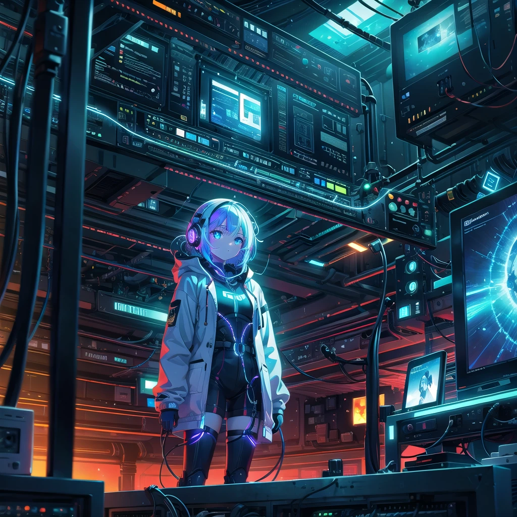 (masterpiece),  1girl,  science fiction,  glowing,  colorful,  cables,  screen