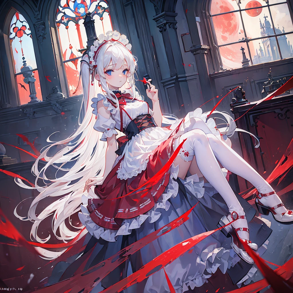 Ultra high precision、high resolution、(Naked girl sitting with her legs thrown out on the floor, looking at the floor:1.4)、Pretty face、silver hair、pubic hair is growing、 ((While crying))、smaller breasts、empty eyes　((white mucus dripping from genitals))..、In the ruins、(Burgundy long-sleeved dress with ruffles and lace decoration:1.4)、(red flat pumps:1.3)、