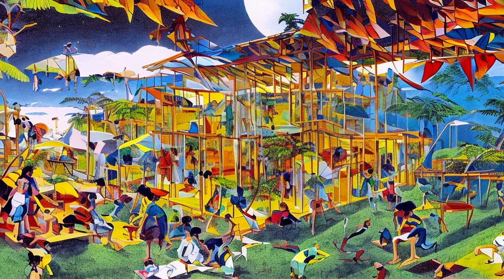 Cartoon of a scene from the Brazilian Amazon, an anime movie, by Peter Smithson, Oscar Niemeyer, Renzo Piano, Richard Rogers, Max Holleran, Charles-Édouard Jeanneret-Gris, Le Corbusier, Lina Bo Bardidi