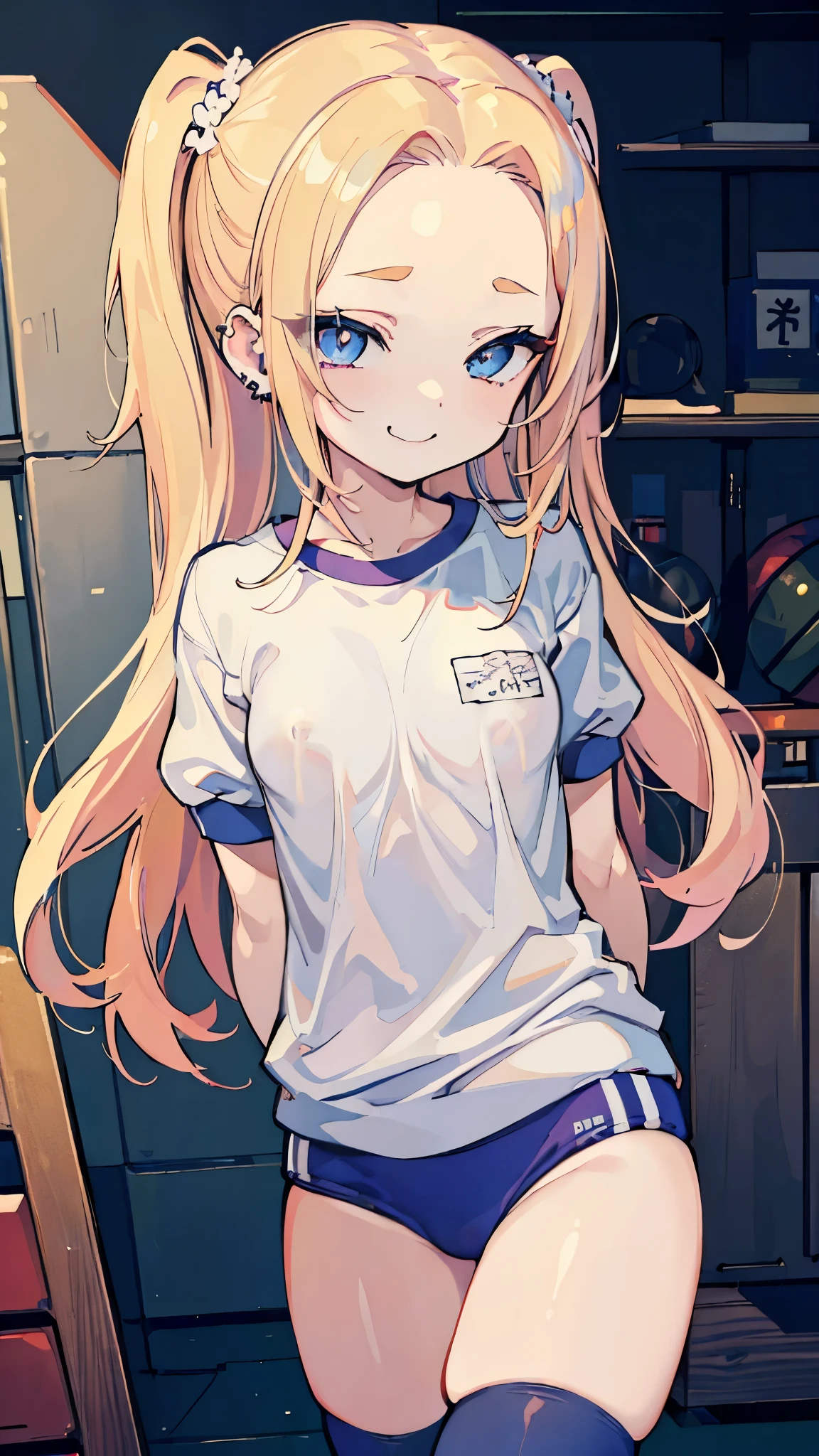 ((masterpiece、 top quality、 very detailed))、 One Girl 、improve、Blonde、 medium hair 、 wavy hair 、((Forehead))、 Light Blue Eyes 、evil smile、((lots of piercing))、(( small breasts))、((gym uniform))、thighhighs、 cowboy shot 、Gym storeroom