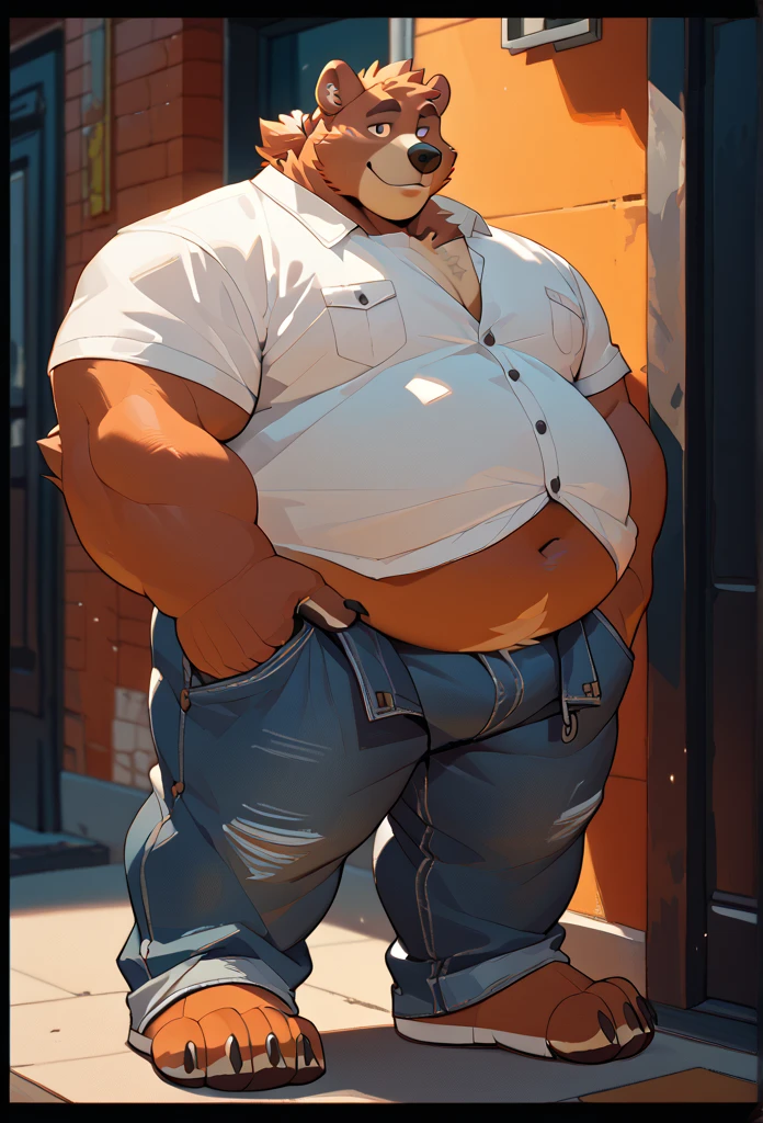 Furry bear bear, man, huge belly, obese, chubby cheeks, white shirt, jeans, full-length portrait 