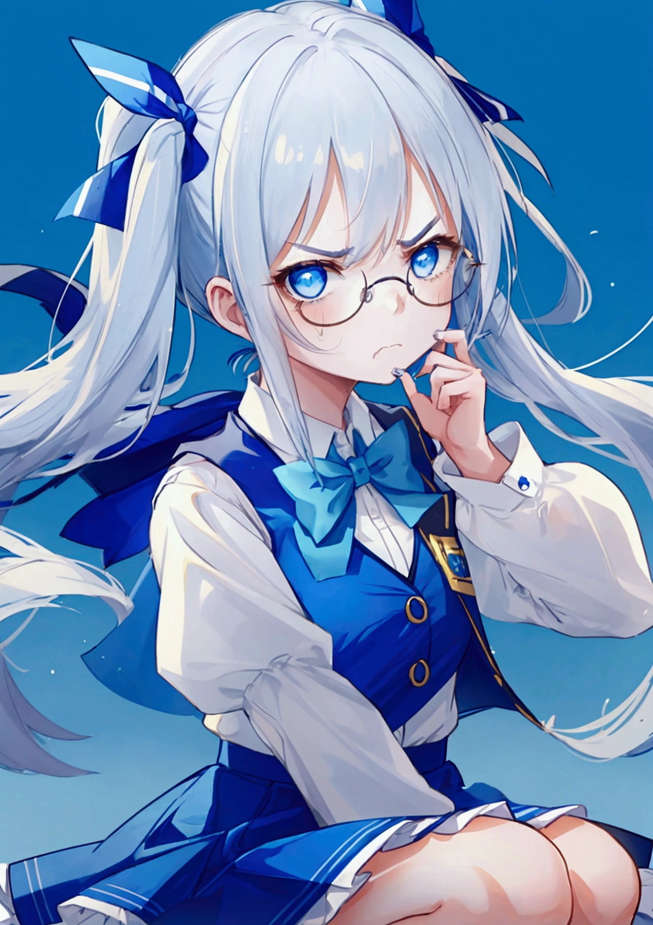 ((best quality)), ((masterpiece)), (detailed), perfect face, Anime girl,white hair, glasses, blue eye, light blue ribbon hair,school uniform, blue tie, blue skirt, on top of the school building