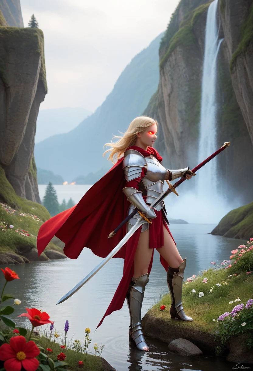 score_9, score_8_up, score_7_up, score_6_up, score_5_up,   painting \(medium\),seb mckinnon, weapon, sword, armor, 1girl, flower, wings, blonde hair, cape, long hair, glowing, glowing eyes, holding sword, nude, 1boy, shoulder armor, water, red eyes, gauntlets