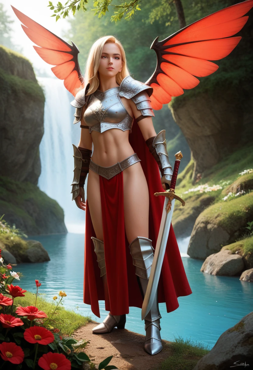 score_9, score_8_up, score_7_up, score_6_up, score_5_up,   painting \(medium\),seb mckinnon, weapon, sword, armor, 1girl, flower, wings, blonde hair, cape, long hair, glowing, glowing eyes, holding sword, nude, 1boy, shoulder armor, water, red eyes, gauntlets