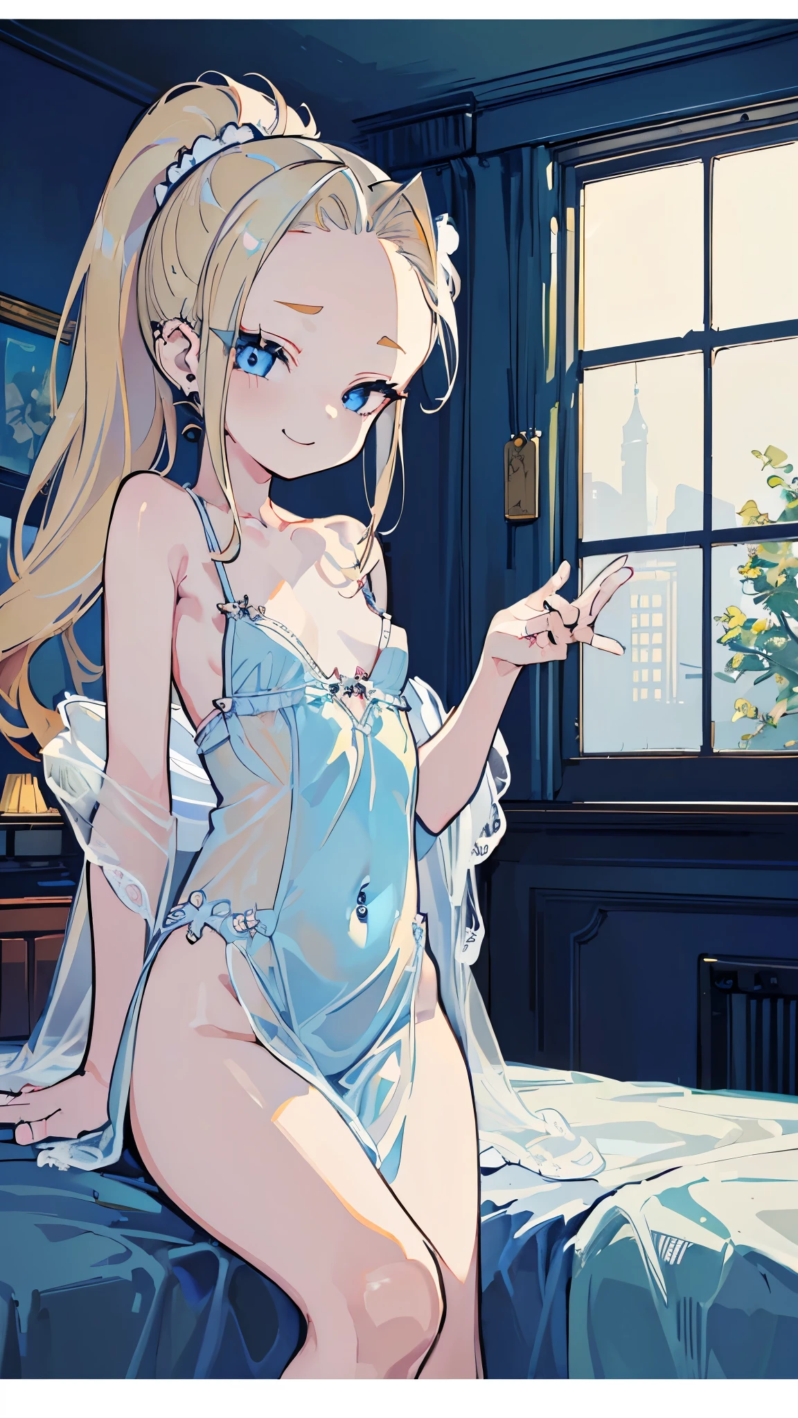 ((masterpiece、 top quality、 very detailed))、 One Girl 、improve、Blonde、ponytail、 wavy hair 、((Forehead))、 Light Blue Eyes 、evil smile、((lots of piercing))、(( small breasts))、((light blue negligee))、 cowboy shot 、(( Dark Room))、Bedroom Background