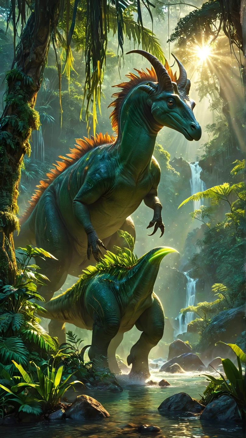 "Create a hyper-realistic, cinematic image of a Parasaurolophus, the iconic herbivorous dinosaur, in a lush, prehistoric jungle at sunrise. The Parasaurolophus stands majestically near a crystal-clear river, its long, elegant crest catching the golden sunlight filtering through the dense canopy above. Its skin is textured and detailed, displaying earthy tones of green, brown, and yellow, with subtle patterns blending seamlessly into the vibrant surroundings.

The atmosphere is serene yet dramatic, with mist rising gently from the river and soft beams of light piercing through the thick foliage, creating a mystical glow. In the background, towering ferns and ancient trees frame the scene, while smaller dinosaurs and primitive birds can be seen moving in the distance. The Parasaurolophus tilts its head slightly upward, emitting a low, resonant call, adding life and emotion to the moment. The cinematic composition captures the grandeur and tranquility of the creature’s natural habitat, evoking a sense of wonder and timelessness."