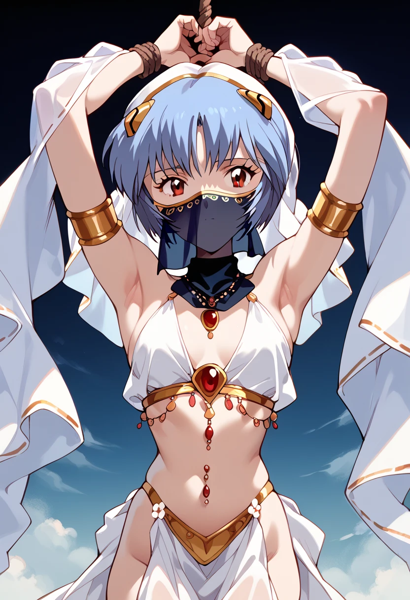 masterpiece, high definition , top quality,8k
(Rei Ayanami,young) standing,Hands above head
(( White Harem costume,mouth veil,no mouth))Hands tied