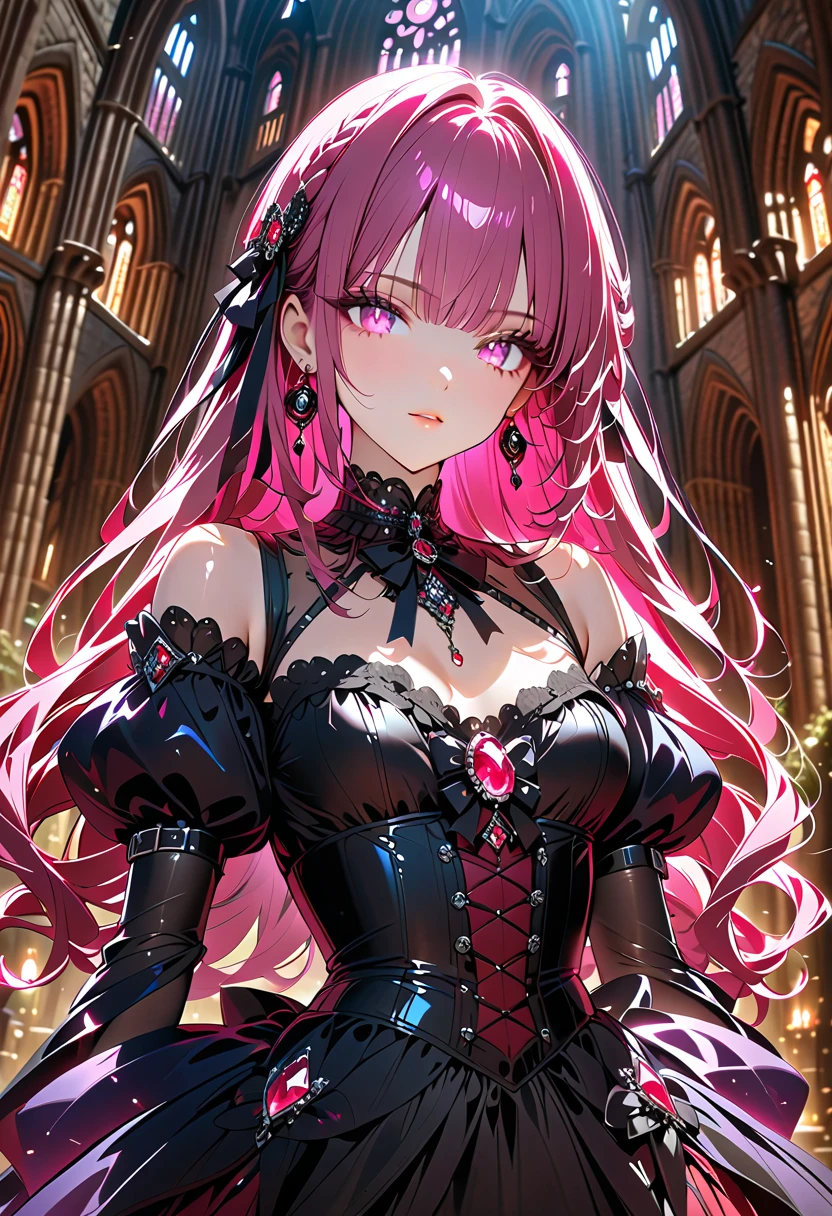 1 girl, ((beautiful girl in Lolita fashion: 1.4)), attractive face, elegant, gorgeous, (gothic lolita dresses, choker, earrings, rings, jewelry), luxurious, detailed beautiful face, (shiny hair, long hair), glowing eyes, light reflecting in the eyes. (finely detailed beautiful eyes: 1.2), double eyelids, (eyelash: 1.2), (eye shadow: 1.2), at a medieval european castle, (cowboy shot, from front, face focus), deep depth of field, stunning, fascinating, enchanting, cinematic lighting, cinematic composition, anime style, vibrant colors, thin lines, dreamlike, absurdres, highres, masterpiece, best quality, newest, very aesthetic, ultra quality, high detailed, anatomically correct, perfect hands, (anime art style),