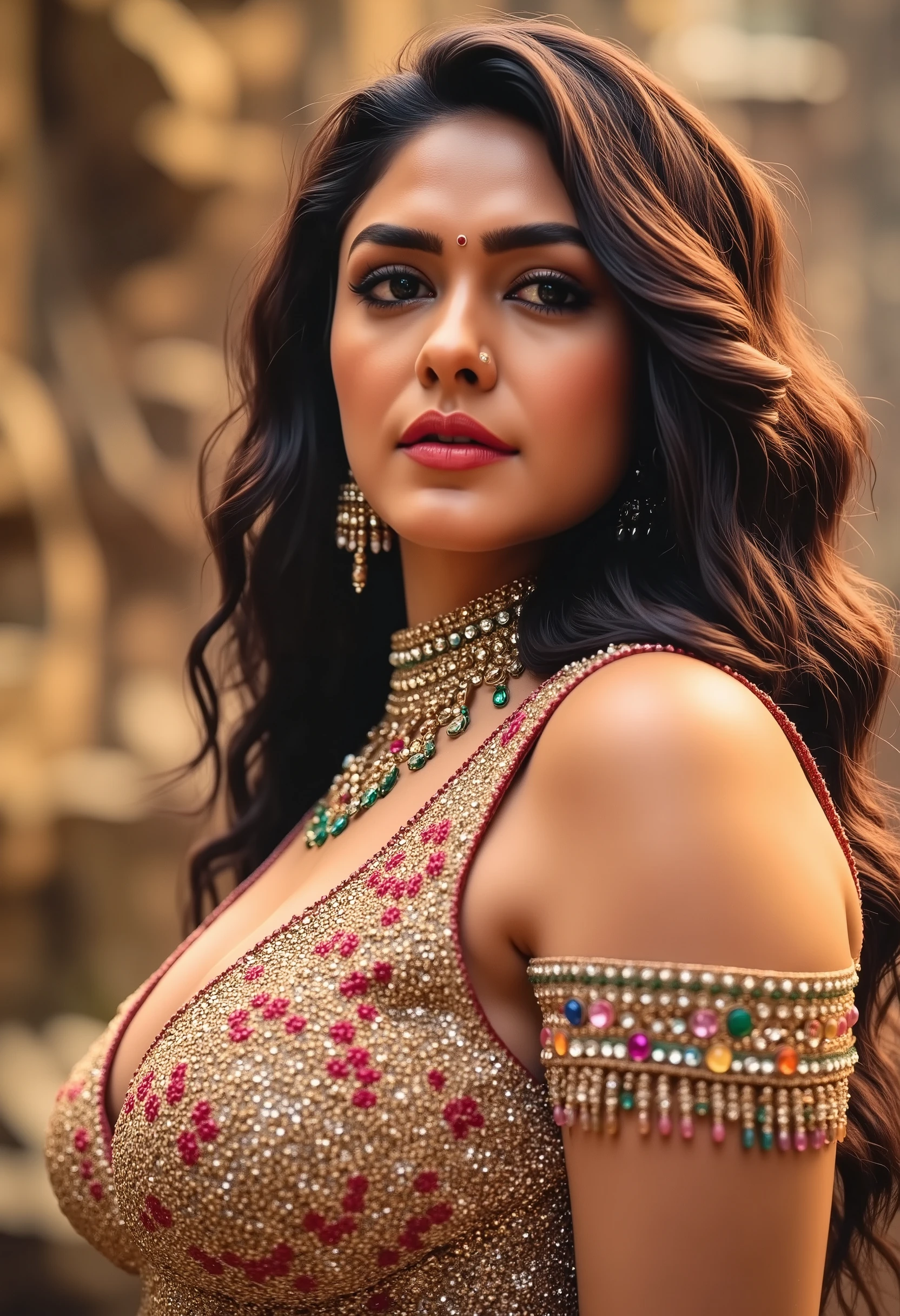 Mrunal as beautiful Indian goddess, goddess of beauty, inspired by Hindu mythology, fleshy thick figure, ideal fat body, alluring figure, Hindu Mythological goddess, with thick busty body and huge wearing and gemstones jewellery, curly long hair, dress made of beautiful jewellery and gemstones,