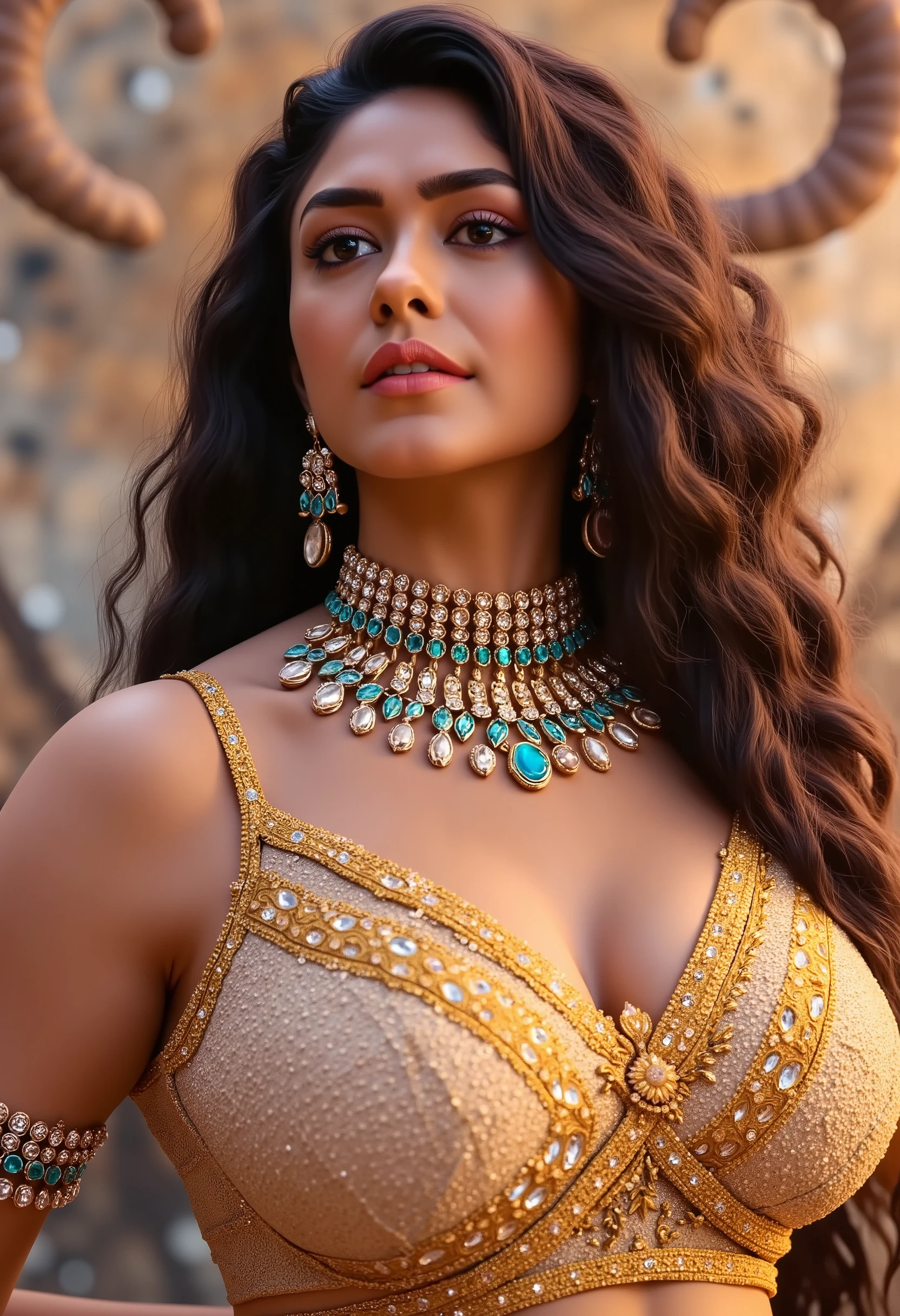 Mrunal as beautiful Indian goddess, goddess of beauty, inspired by Hindu mythology, fleshy thick figure, ideal fat body, alluring figure, Hindu Mythological goddess, with thick busty body and huge wearing and gemstones jewellery, curly long hair, dress made of beautiful jewellery and gemstones,
