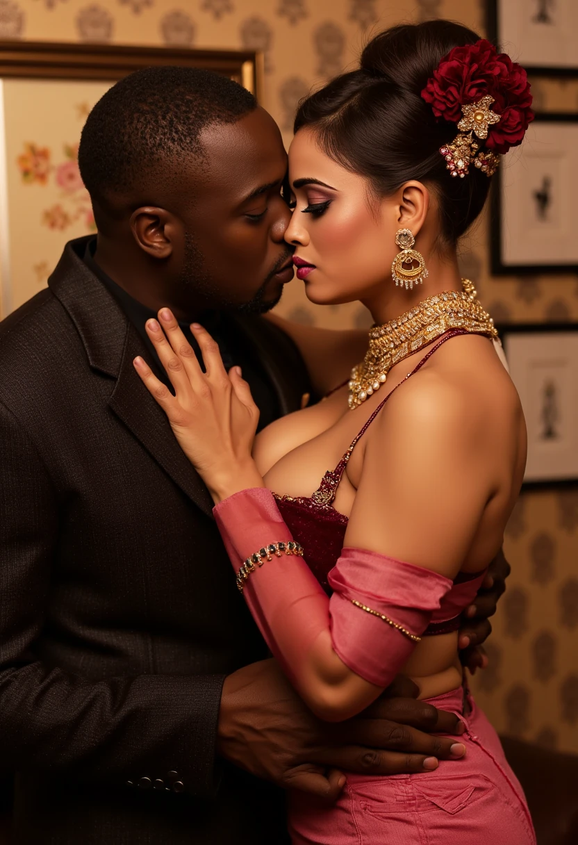 This photograph captures a close-up scene filled with sensual intensity and cultural richness. A South Asian woman, positioned to the right, stands in an opulent, traditional indoor setting. She wears a luxurious maroon and pink mixand bra panty. Her heavy gold jewelry set includes a large, ornate necklace, multiple bangles, and a nose ring, adding to her regal presence. Her hair is styled in an elaborate updo, adorned with a red flower and a gold hairpin, completing her sophisticated look. With bra strap viable 

Her makeup is bold and striking—her eyes are accentuated with heavy eyeliner and mascara, creating a smoky effect that intensifies her seductive cat-like gaze. The long, curled lashes enhance the allure, and the well-defined dark eyeliner frames her eyes, which are directed over her shoulder with a mysterious, seductive expression. The woman’s sexy, hourglass figure, emphasized by her big breasts and wide hips, is visible in her full-body pose, adding to the alluring atmosphere.

The African man, positioned to the left, is dressed in a light brown shirt and leans in closely, his hand gently resting on the woman's shoulder. His expression is one of intense focus, clearly captivated by her presence. The background features a wallpaper with a subtle, ornate pattern in beige and gold hues, with framed pictures or artwork adding African kiss on her breast 