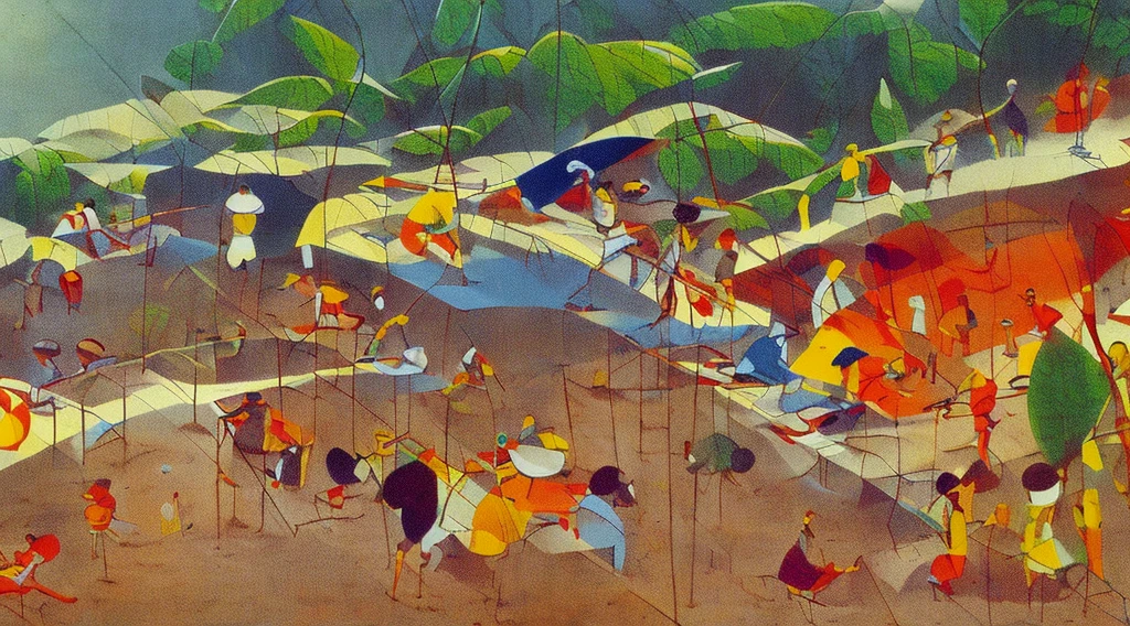 Cartoon of a scene from the Brazilian Amazon, an anime movie, by Peter Smithson, Oscar Niemeyer, Renzo Piano, Richard Rogers, Max Holleran, Charles-Édouard Jeanneret-Gris, Le Corbusier, Lina Bo Bardidi