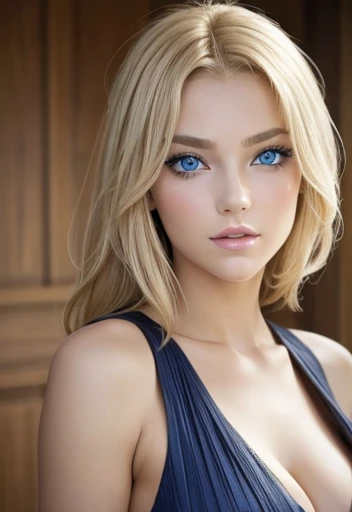 beautiful blonde hair girl, blue eyes and makeup ,  pretty face looking at the spectator, fringe over left eye ,  ,full 