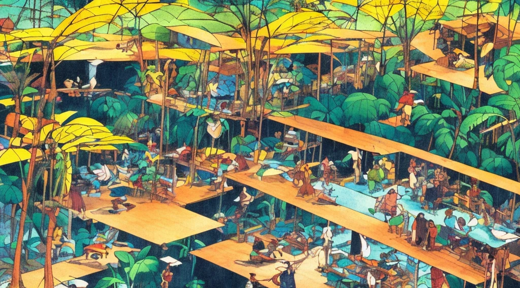 Cartoon of a scene from the Brazilian Amazon, an anime movie, by Peter Smithson, Oscar Niemeyer, Renzo Piano, Richard Rogers, Max Holleran, Charles-Édouard Jeanneret-Gris, Le Corbusier, Lina Bo Bardidi