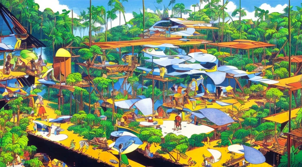 Cartoon of a scene from the Brazilian Amazon, an anime movie, by Peter Smithson, Oscar Niemeyer, Renzo Piano, Richard Rogers, Max Holleran, Charles-Édouard Jeanneret-Gris, Le Corbusier, Lina Bo Bardidi