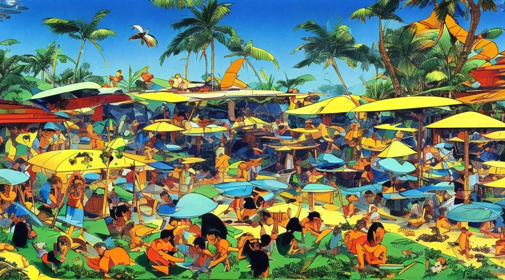 Cartoon of a scene from the Brazilian Amazon, an anime movie, by Peter Smithson, Oscar Niemeyer, Renzo Piano, Richard Rogers, Max Holleran, Charles-Édouard Jeanneret-Gris, Le Corbusier, Lina Bo Bardidi